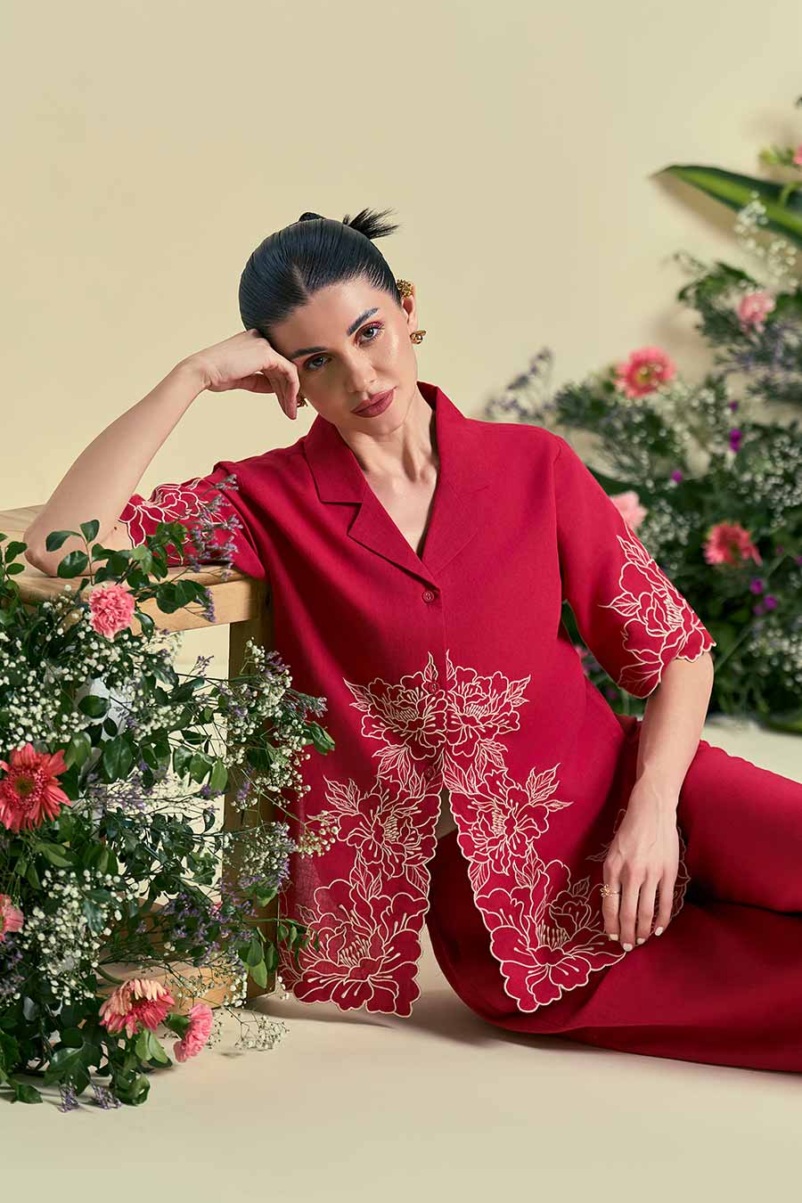 Red Amara Linen Embroidered Co-Ord Set