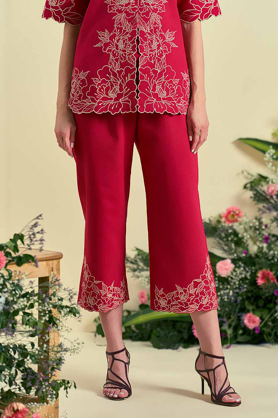 Red Amara Linen Embroidered Pants