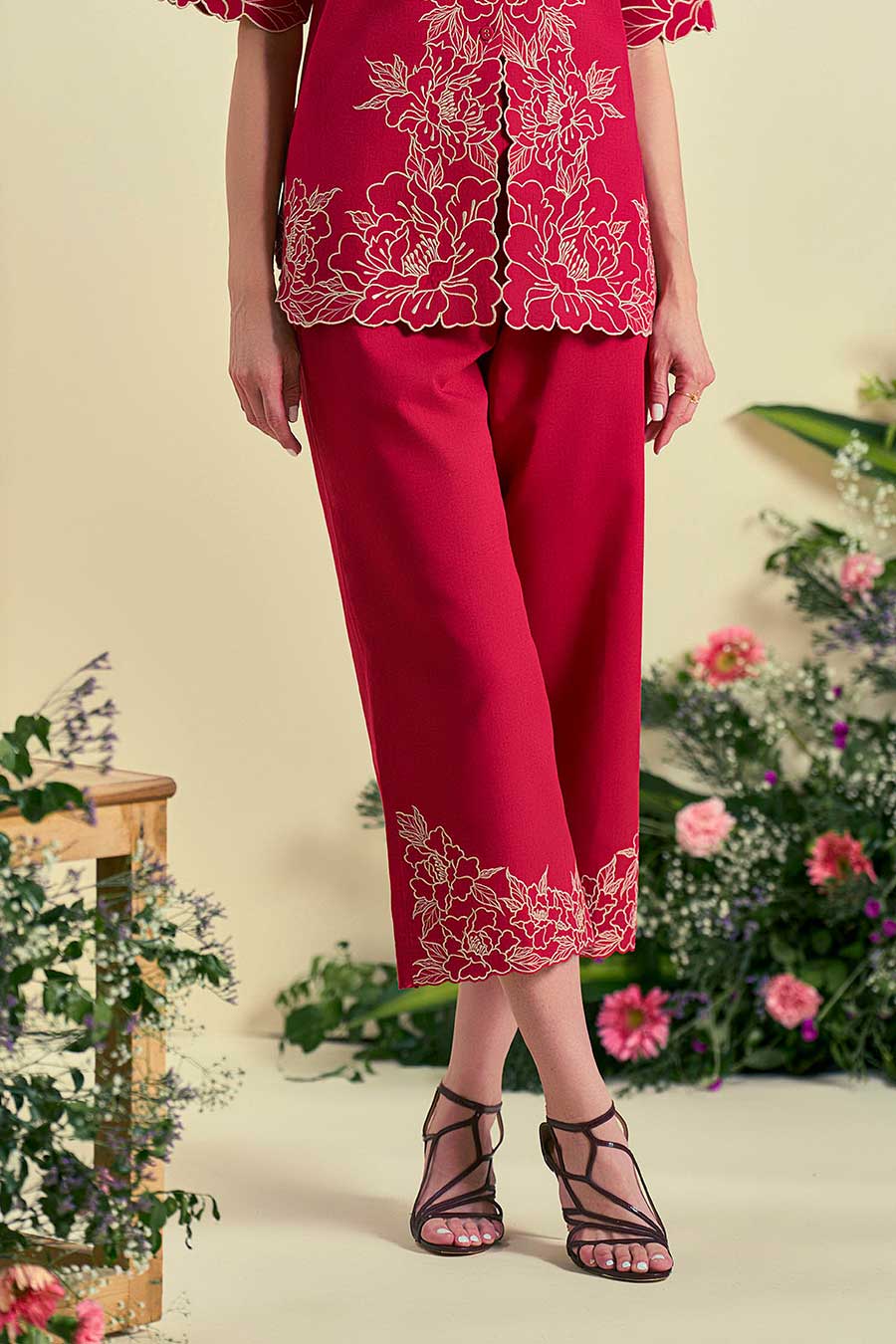 Red Amara Linen Embroidered Pants
