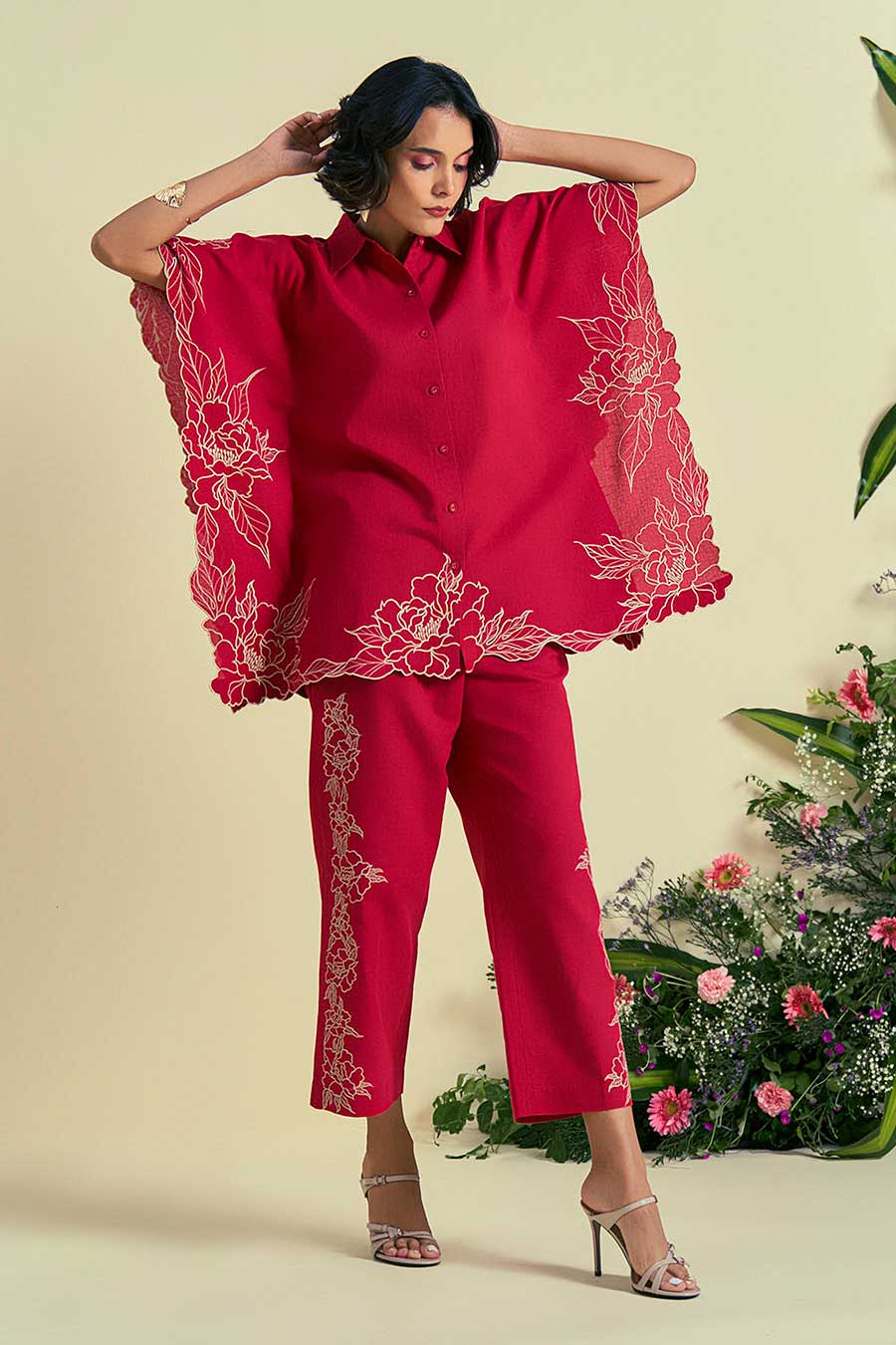 Red Jardin Linen Embroidered Co-Ord Set