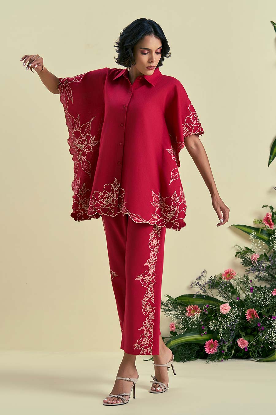 Red Jardin Linen Embroidered Co-Ord Set
