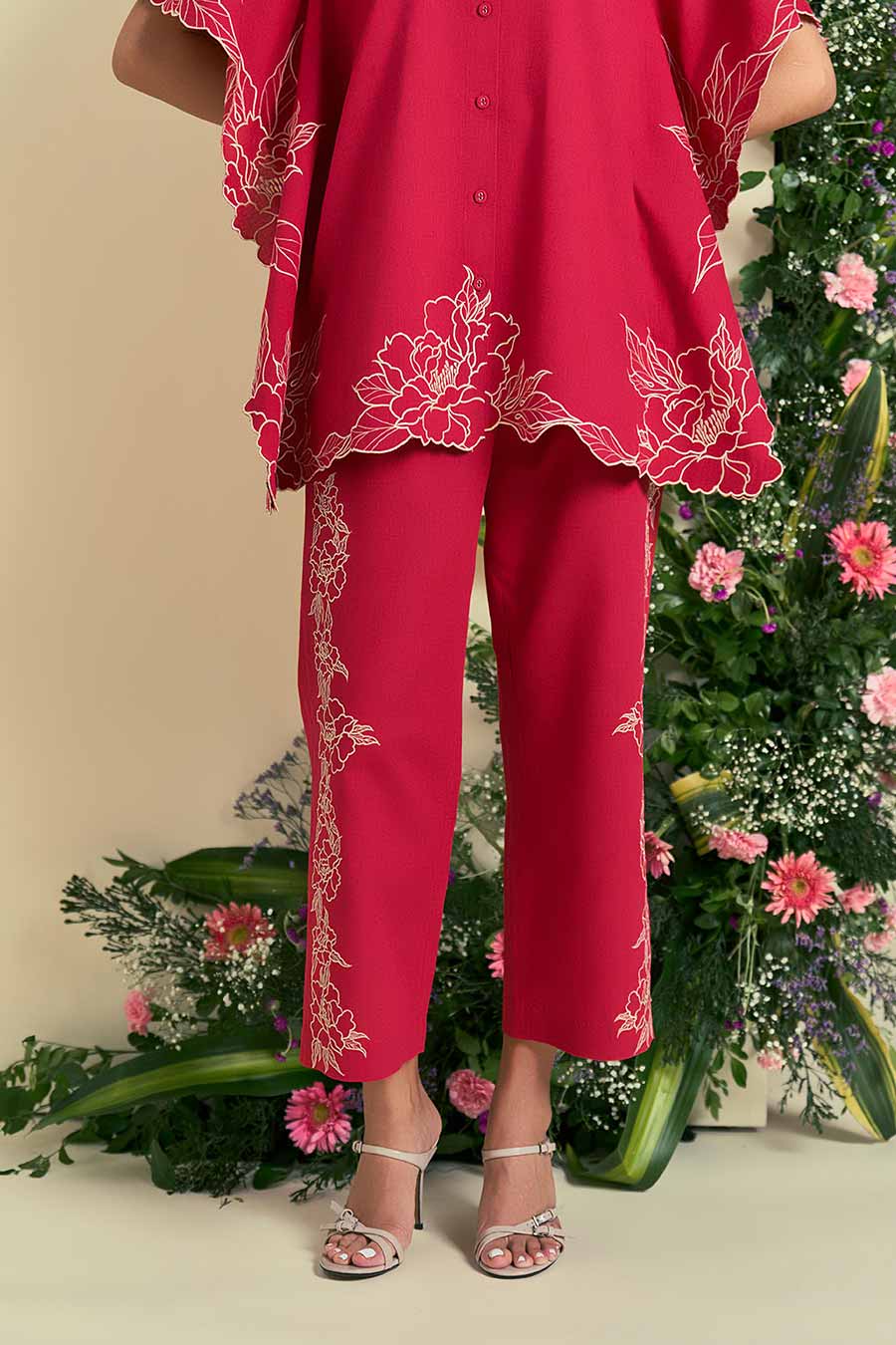 Red Jardin Linen Embroidered Co-Ord Set