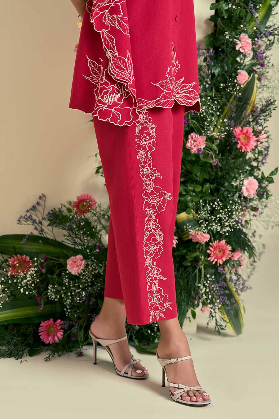 Red Jardin Linen Embroidered Co-Ord Set