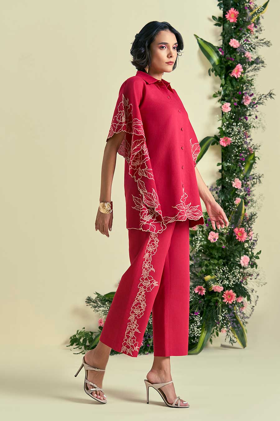 Red Jardin Linen Embroidered Pants