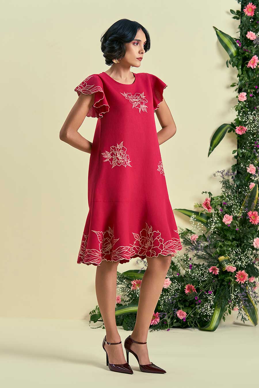Red Serene Linen Embroidered Dress