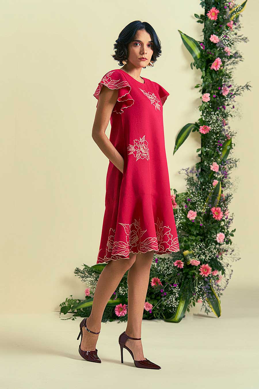 Red Serene Linen Embroidered Dress