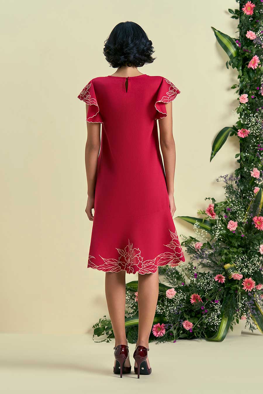 Red Serene Linen Embroidered Dress