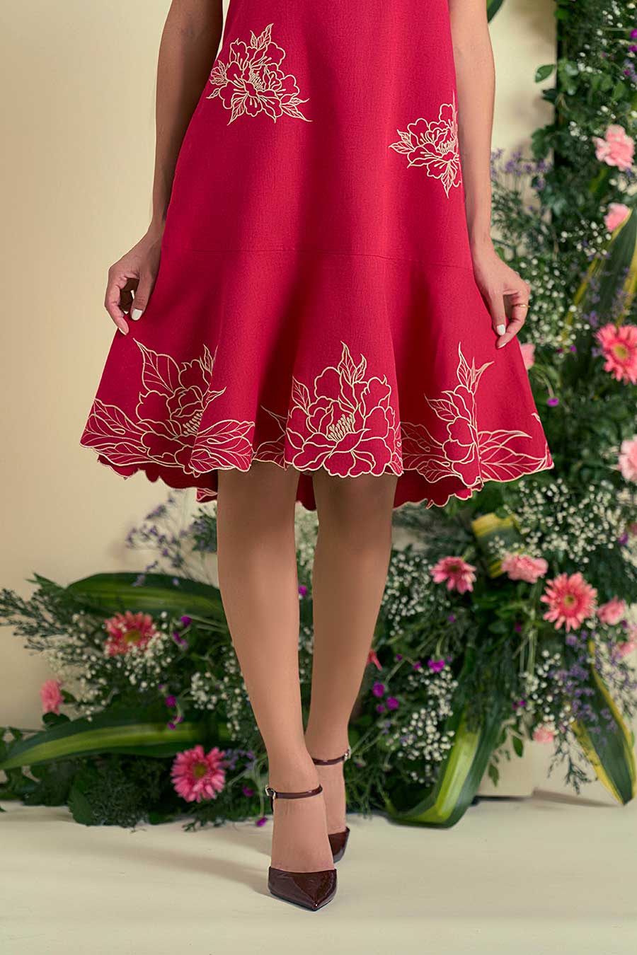 Red Serene Linen Embroidered Dress
