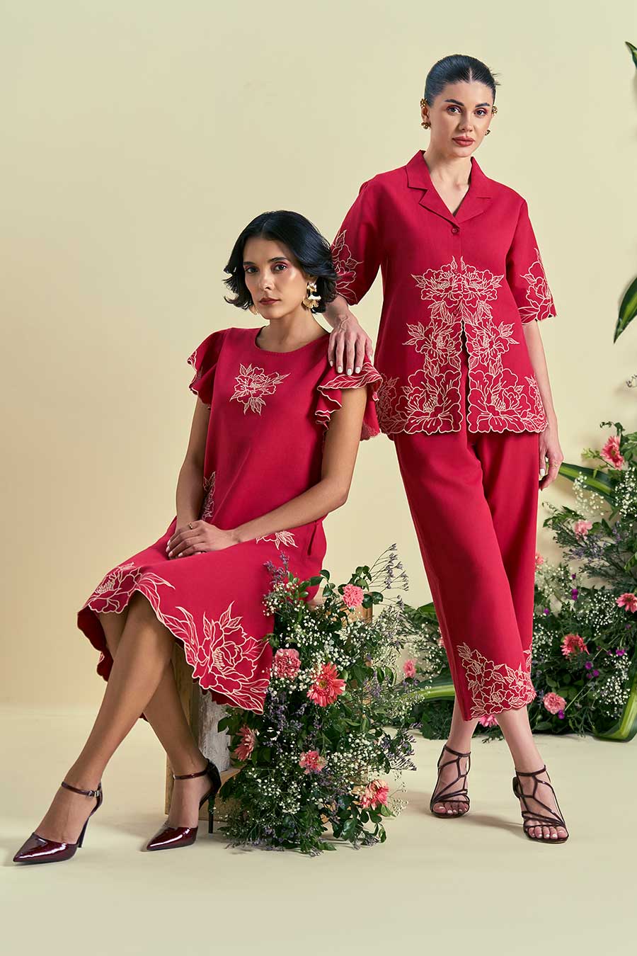 Red Serene Linen Embroidered Dress