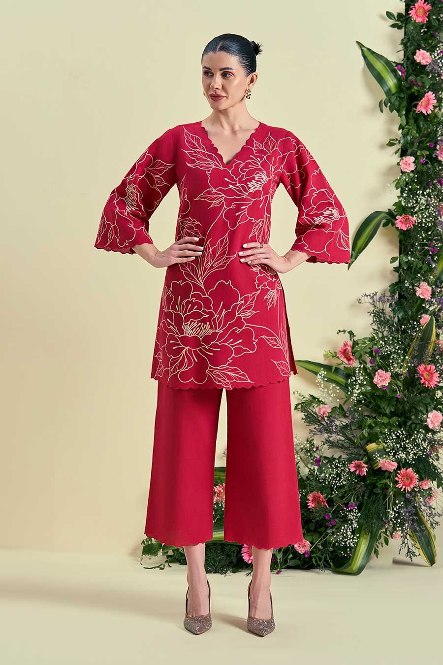 Red Nira Linen Embroidered Co-Ord Set