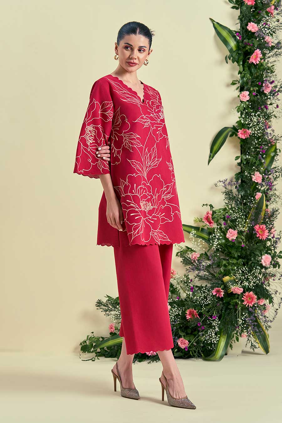 Red Nira Linen Embroidered Co-Ord Set