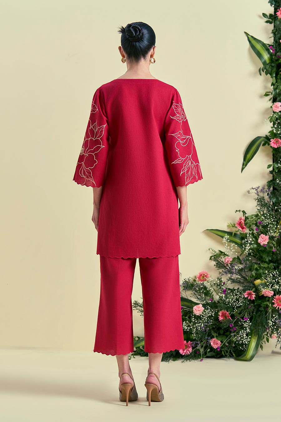 Red Nira Linen Embroidered Co-Ord Set