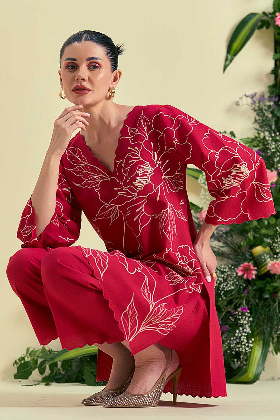 Red Nira Linen Embroidered Co-Ord Set