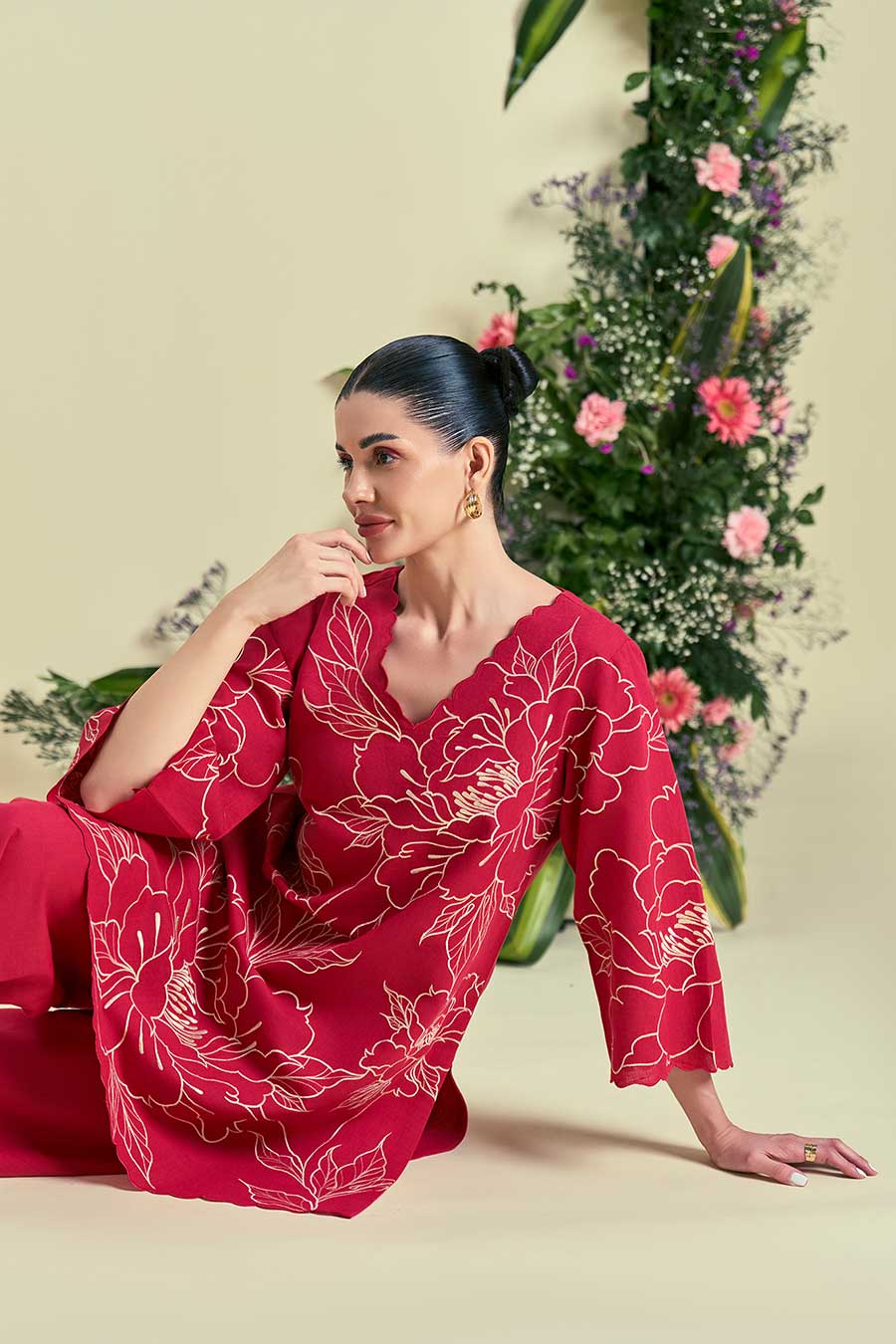 Red Nira Linen Embroidered Co-Ord Set