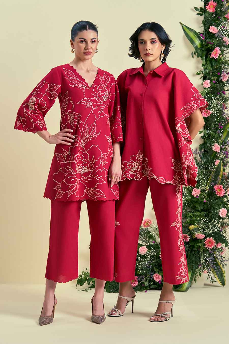 Red Nira Linen Embroidered Co-Ord Set