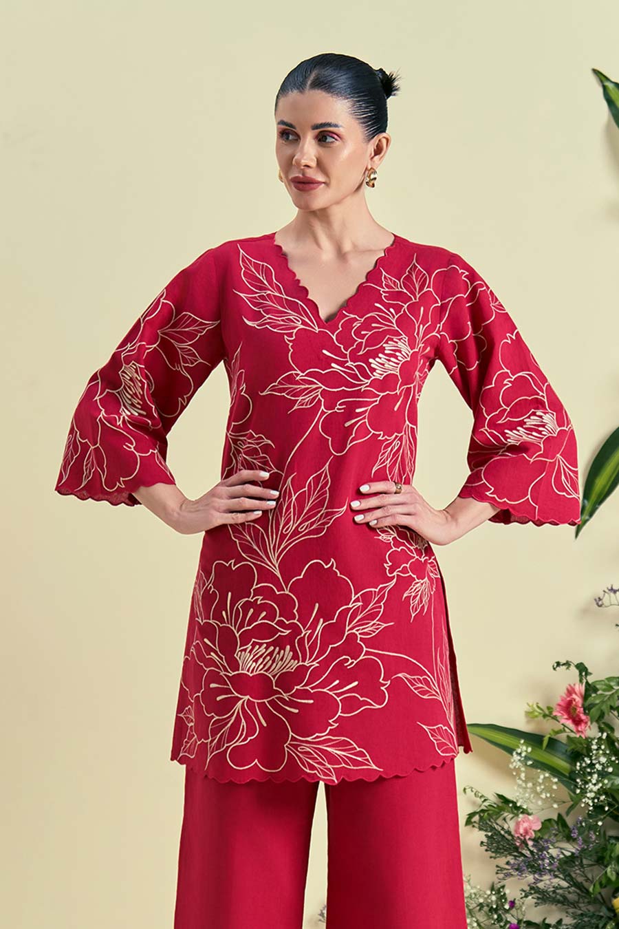 Red Nira Linen Embroidered Tunic