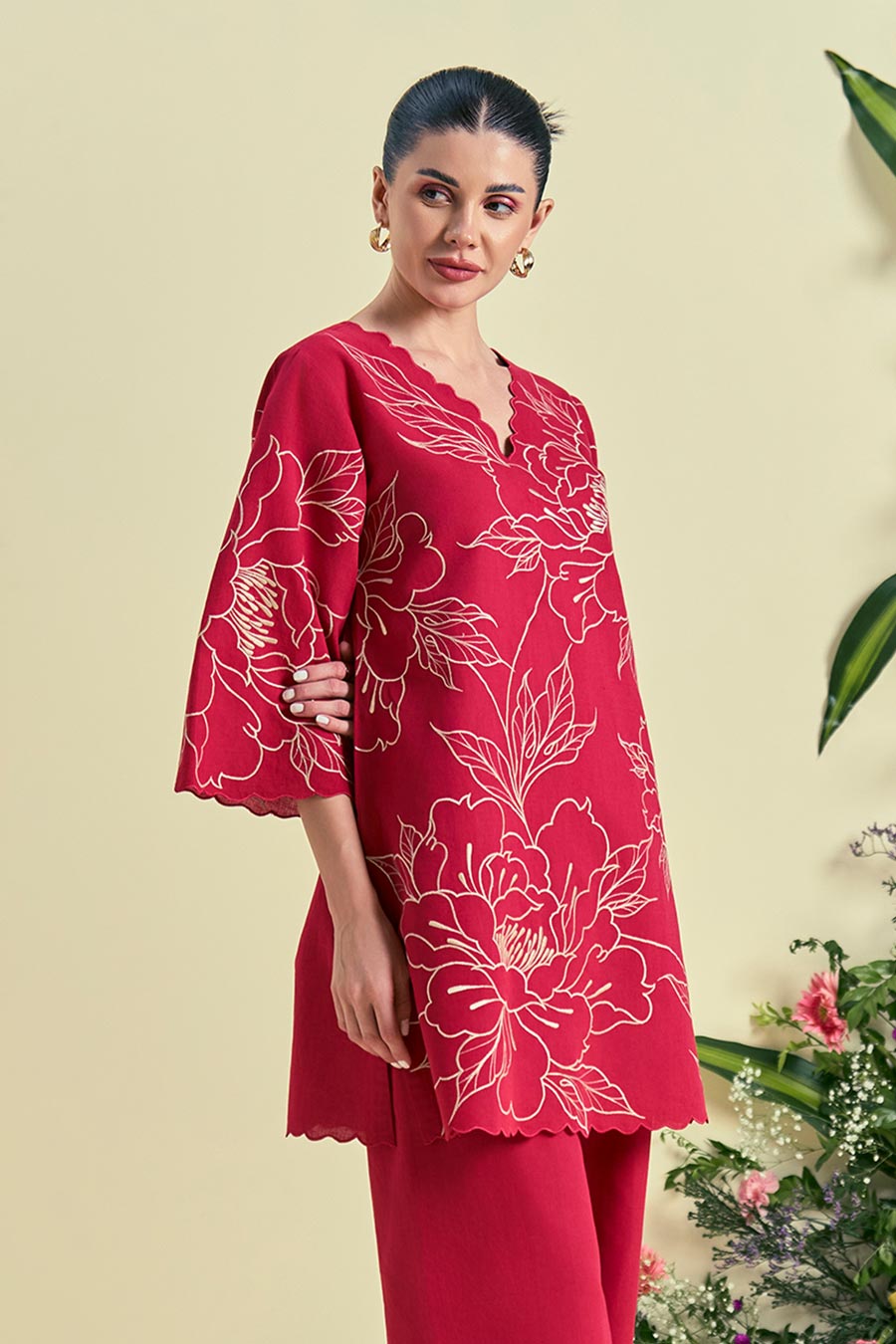 Red Nira Linen Embroidered Tunic