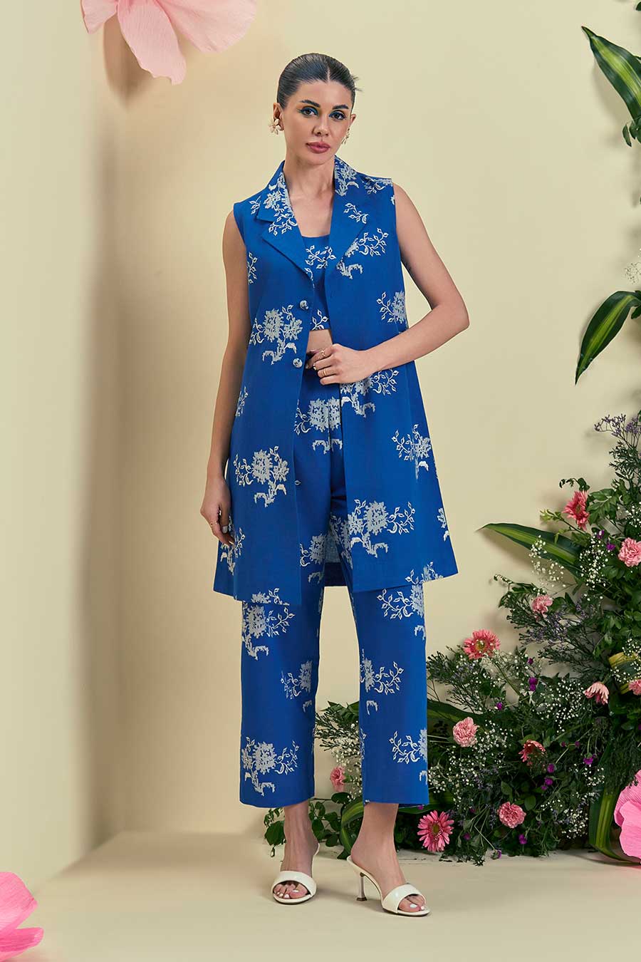 Blue Ciel Linen Embroidered Bustier Top