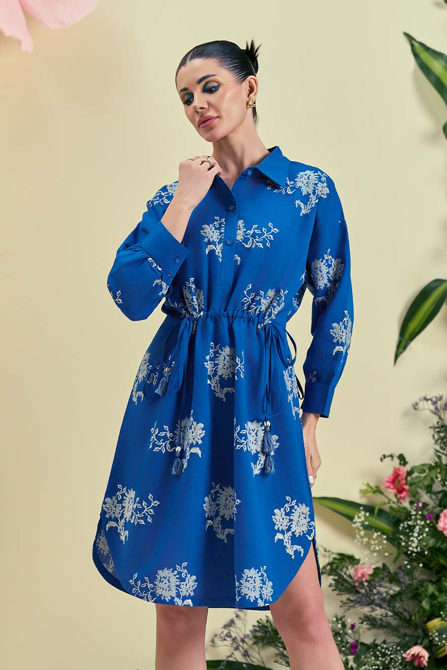 Blue Clair Linen Embroidered Dress