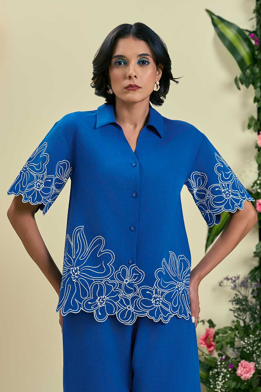 Blue Evaya Linen Embroidered Co-Ord Set