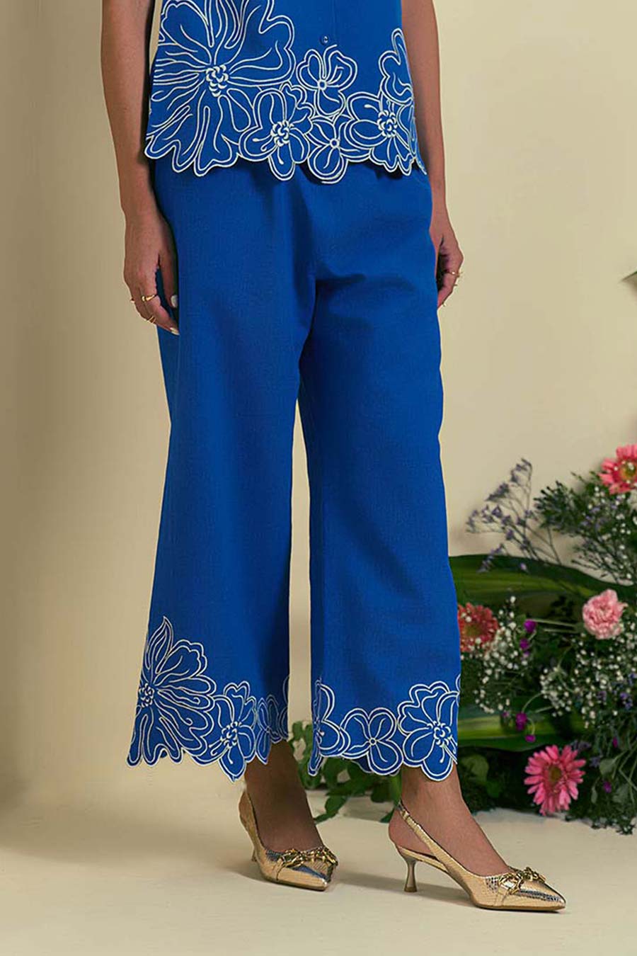 Blue Evaya Linen Embroidered Pants