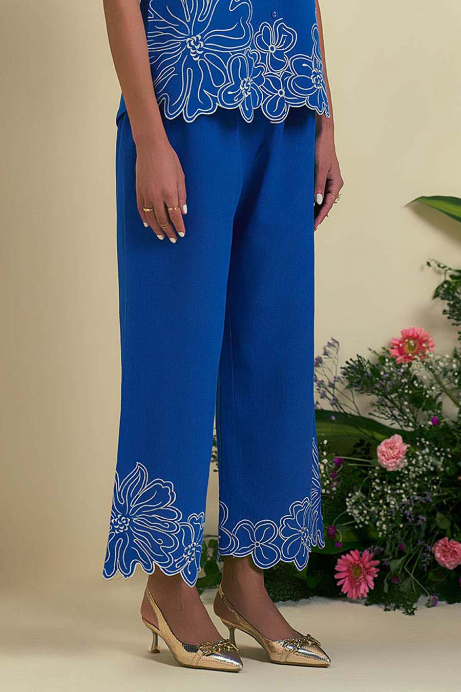 Blue Evaya Linen Embroidered Pants
