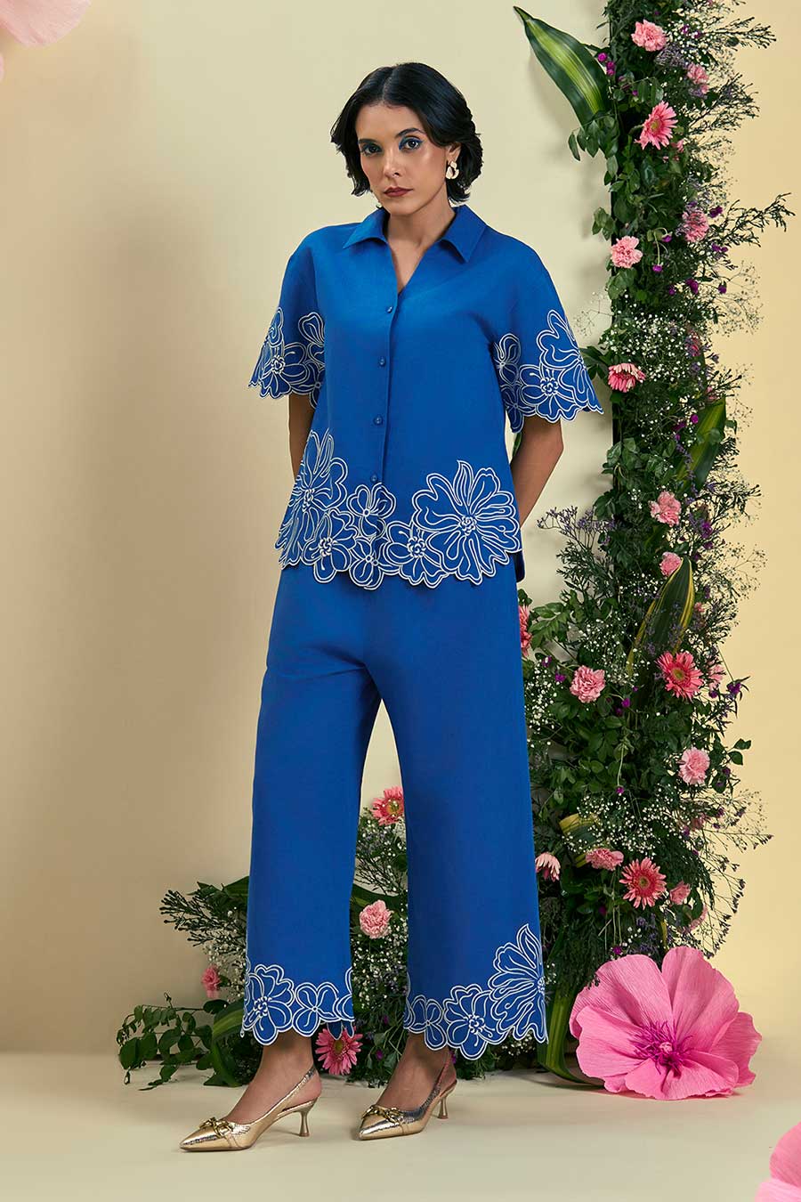 Blue Evaya Linen Embroidered Pants