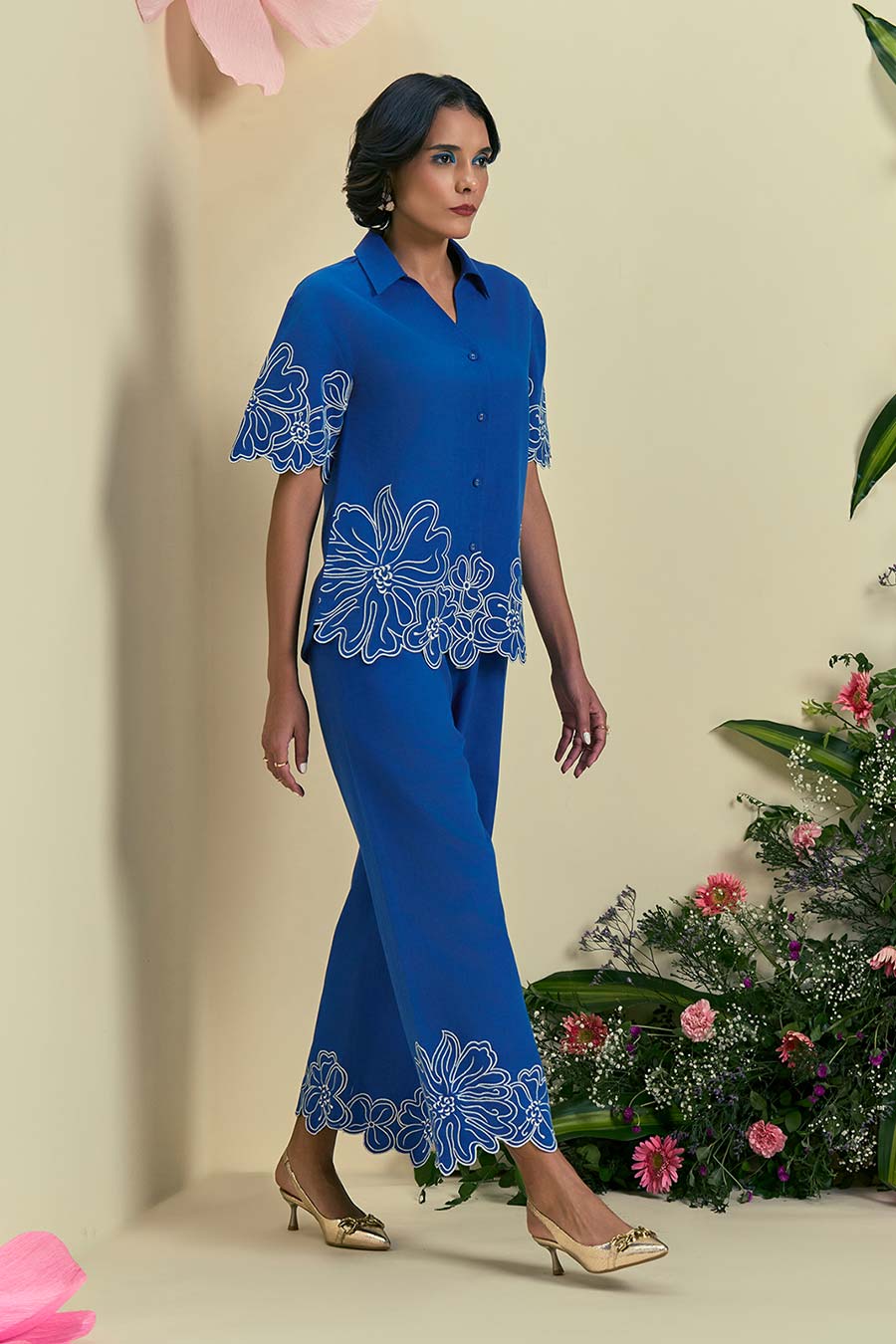 Blue Evaya Linen Embroidered Pants