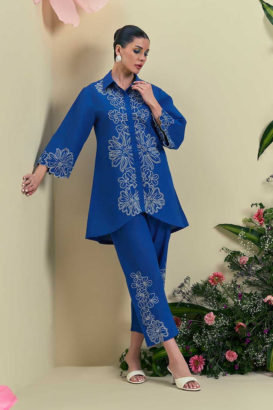 Blue Elise Linen Embroidered Co-Ord Set