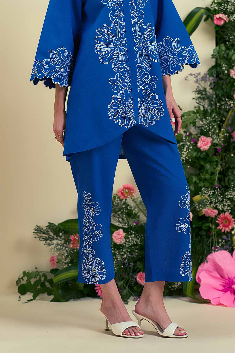 Blue Elise Linen Embroidered Pants