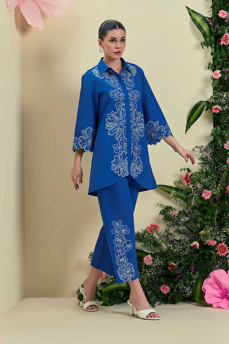 Blue Elise Linen Embroidered Pants