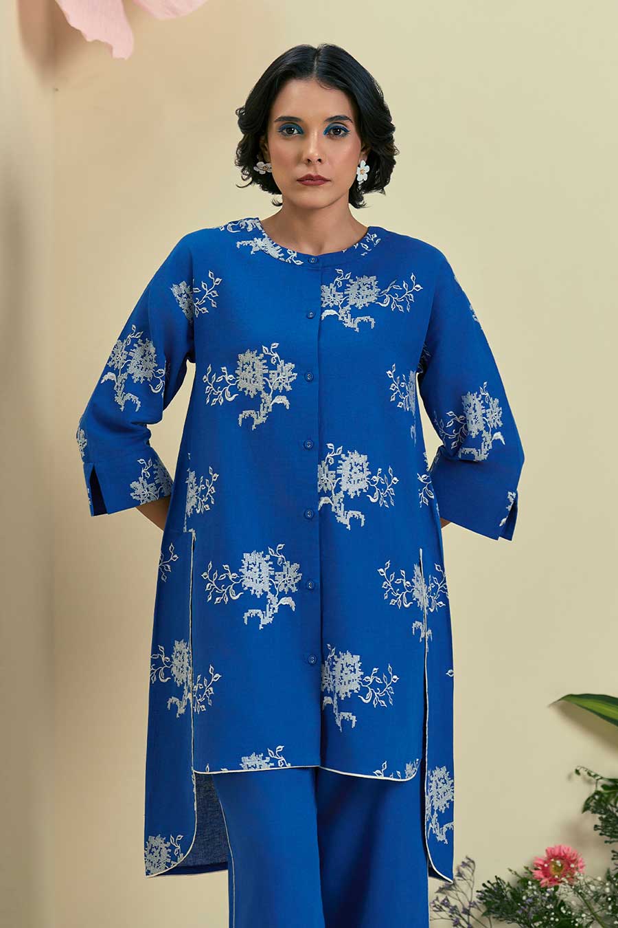 Blue Noor Linen Embroidered Co-Ord Set