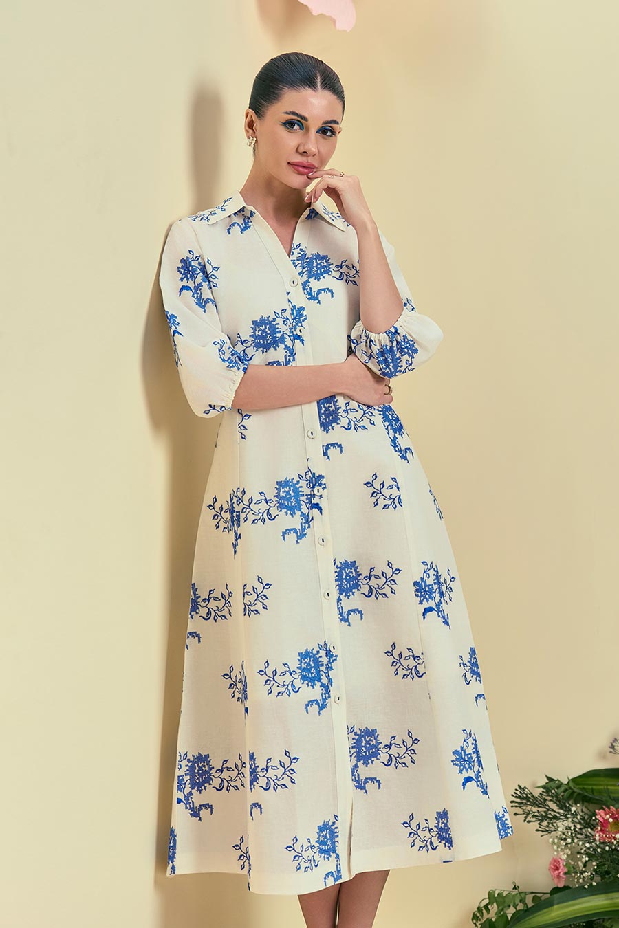 Off-White Diora Linen Embroidered Midi Dress