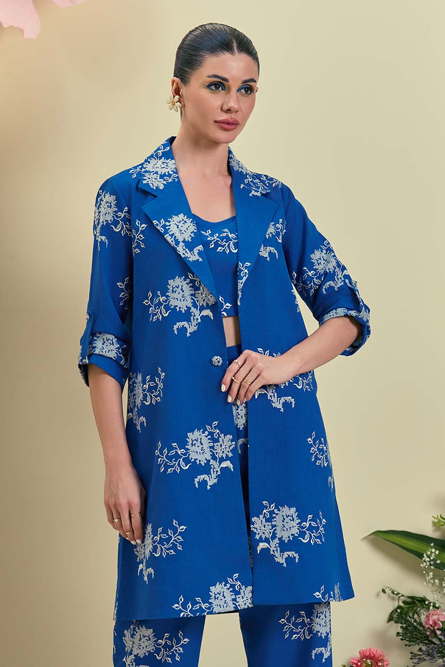 Blue Brisa Linen Embroidered Co-Ord Set
