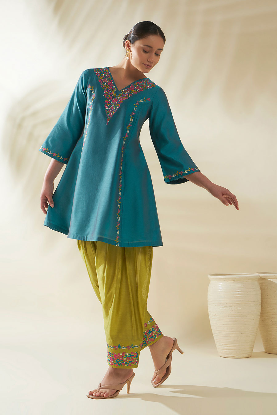 Ziya Blue-Green Chanderi Embroidered Kurta Set