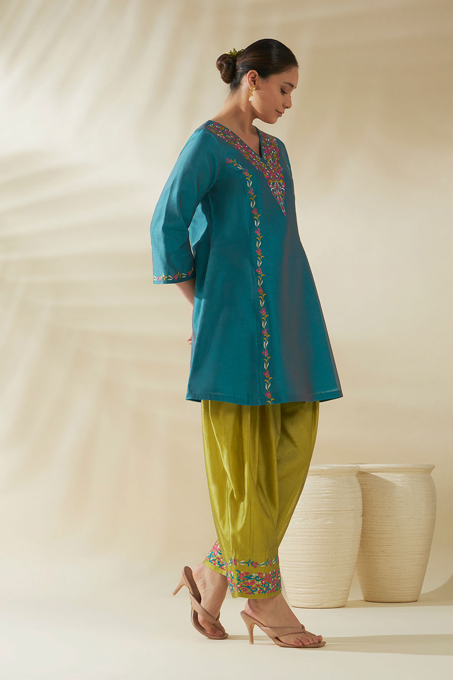 Ziya Blue-Green Chanderi Embroidered Kurta Set