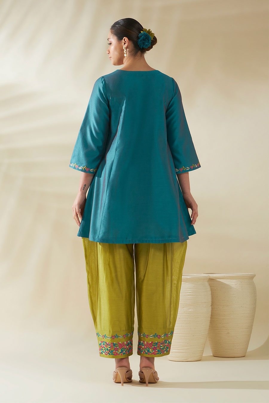 Ziya Blue-Green Chanderi Embroidered Kurta Set