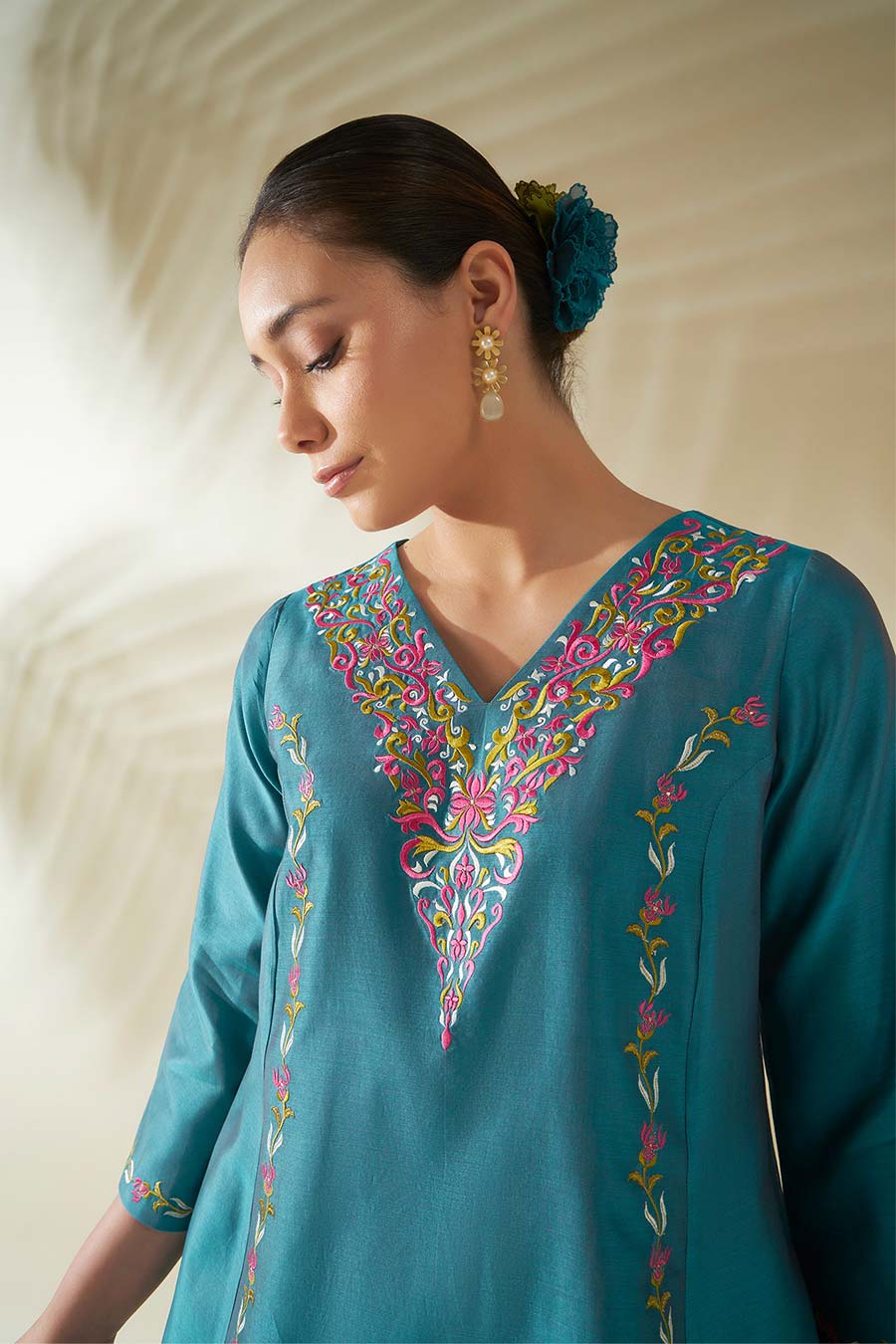 Ziya Blue-Green Chanderi Embroidered Kurta Set