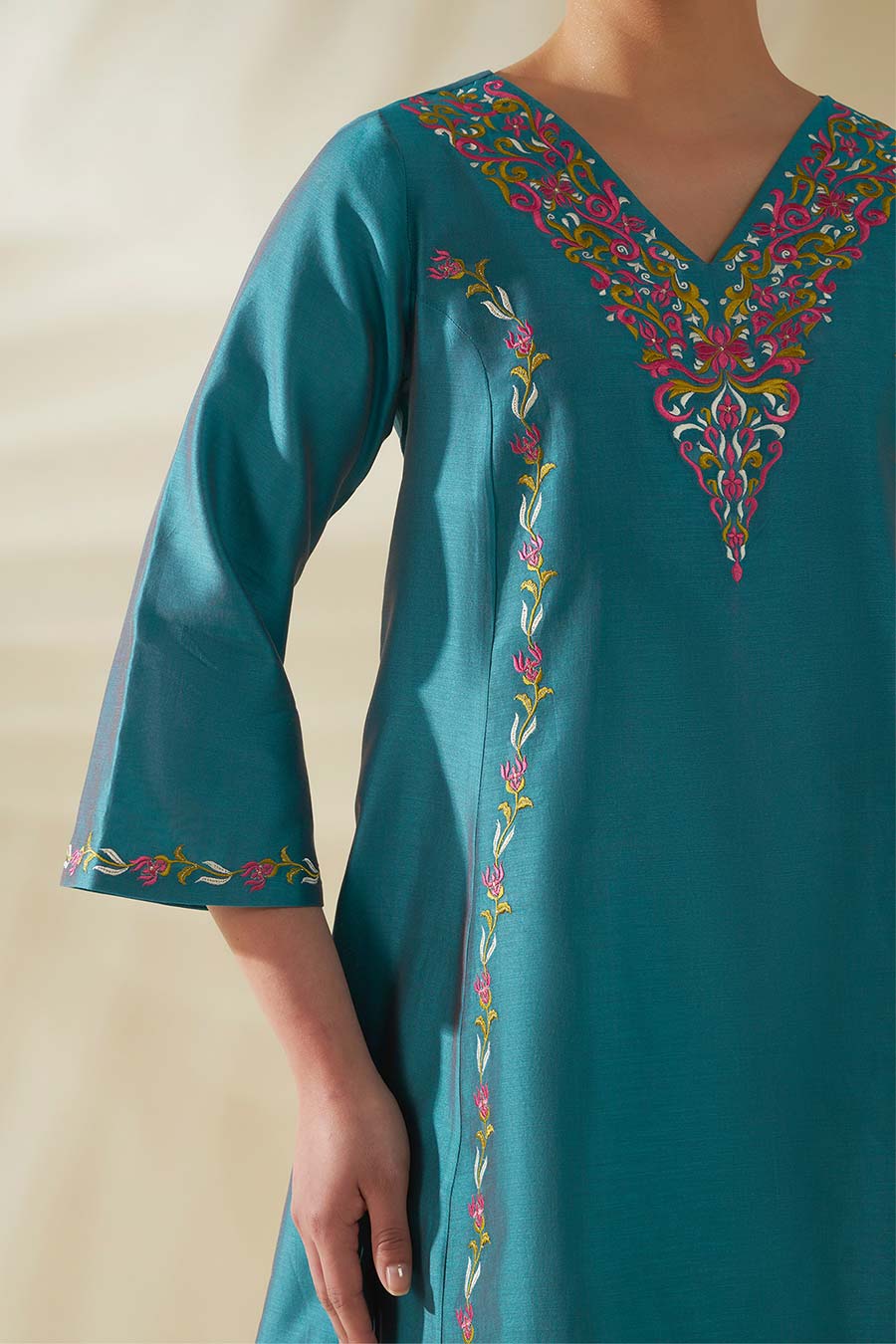 Ziya Blue-Green Chanderi Embroidered Kurta Set