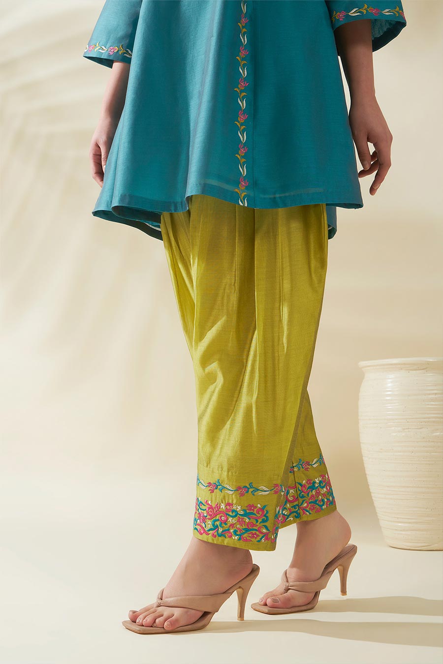 Ziya Blue-Green Chanderi Embroidered Kurta Set