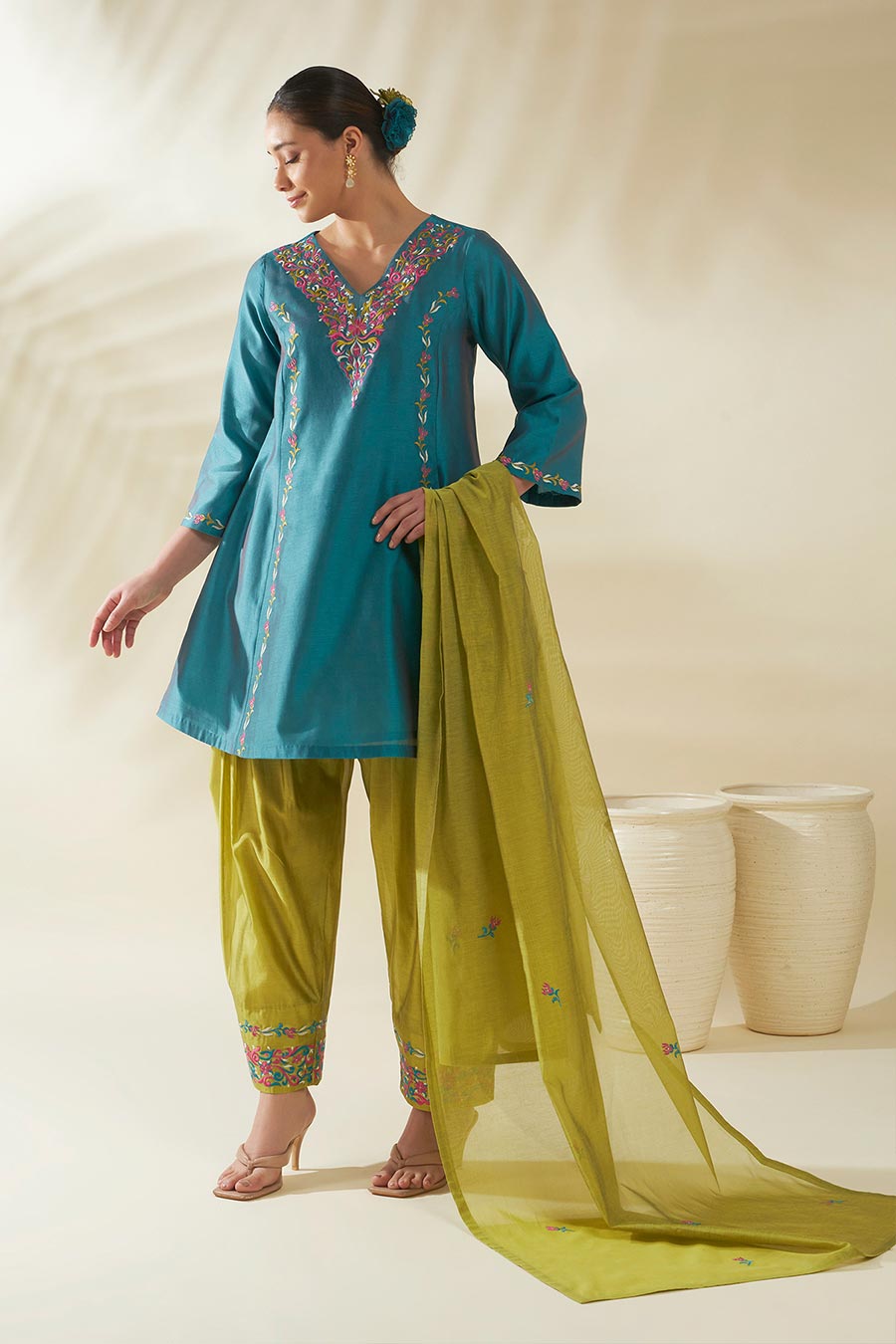 Ziya Blue-Green Chanderi Embroidered Kurta Set