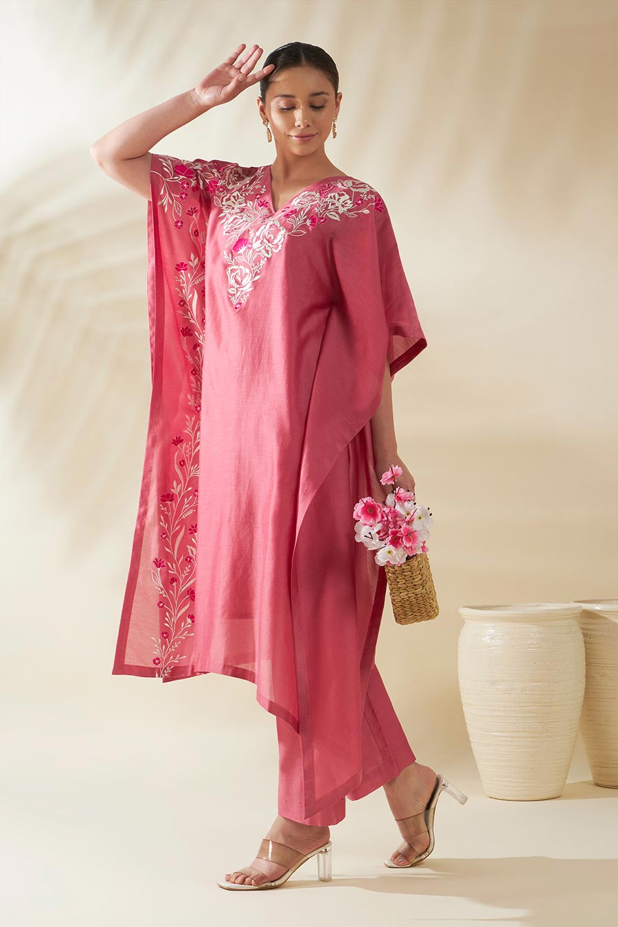 Maira Pink Embroidered Kaftan Co-Ord Set
