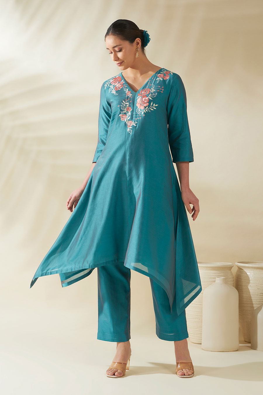 Aris Blue Chanderi Embroidered Kurta Set