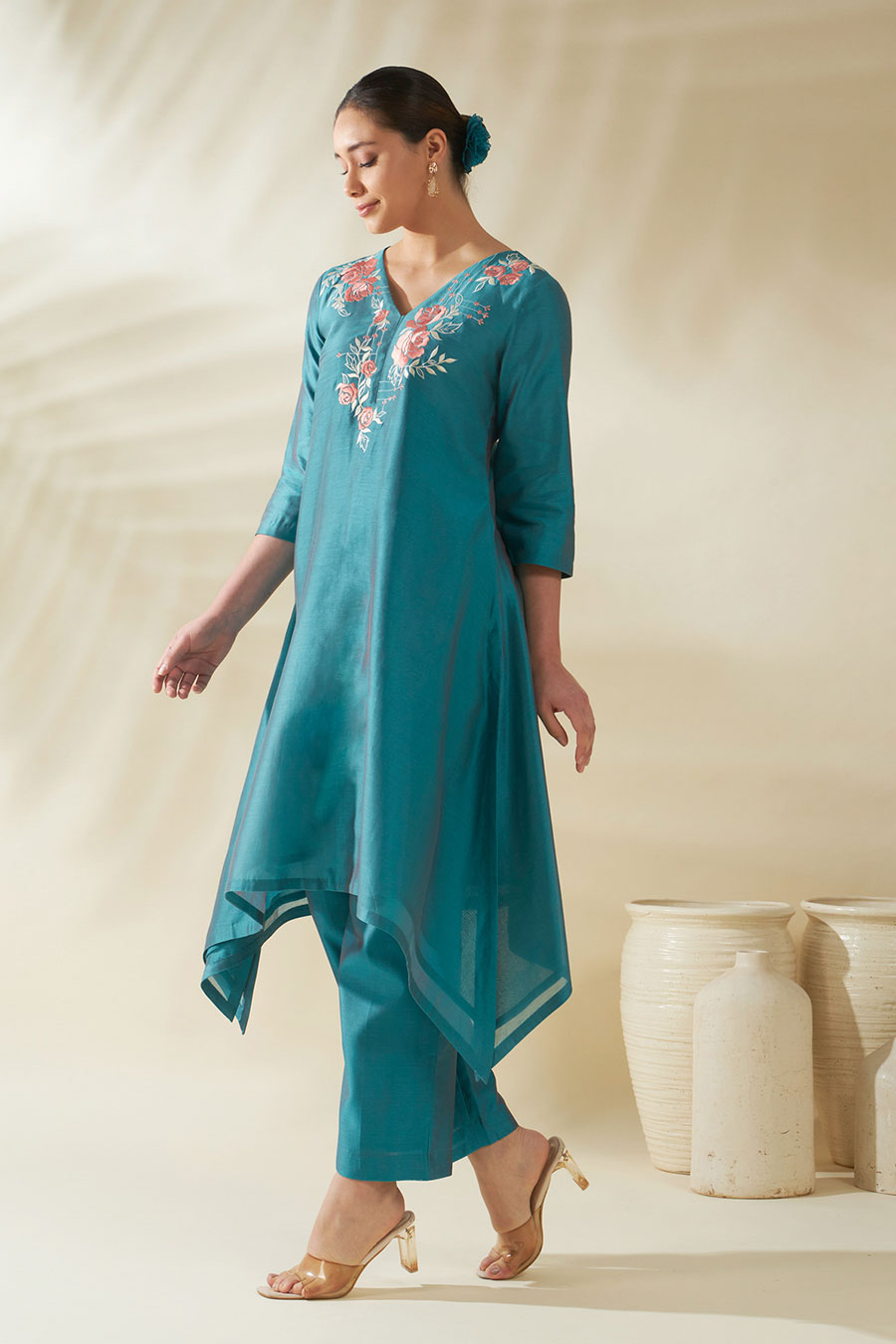 Aris Blue Chanderi Embroidered Kurta Set