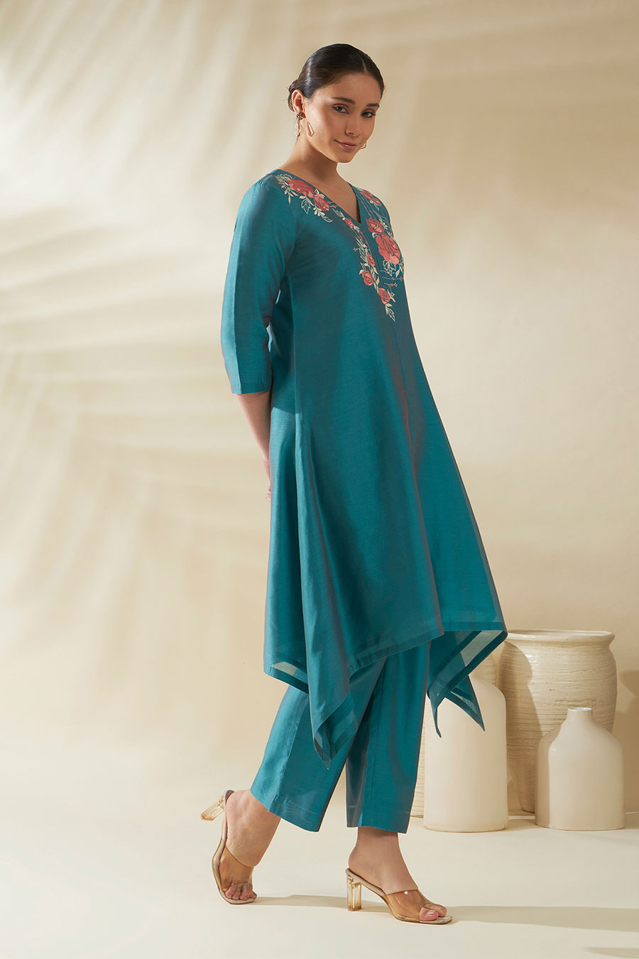 Aris Blue Chanderi Embroidered Kurta Set