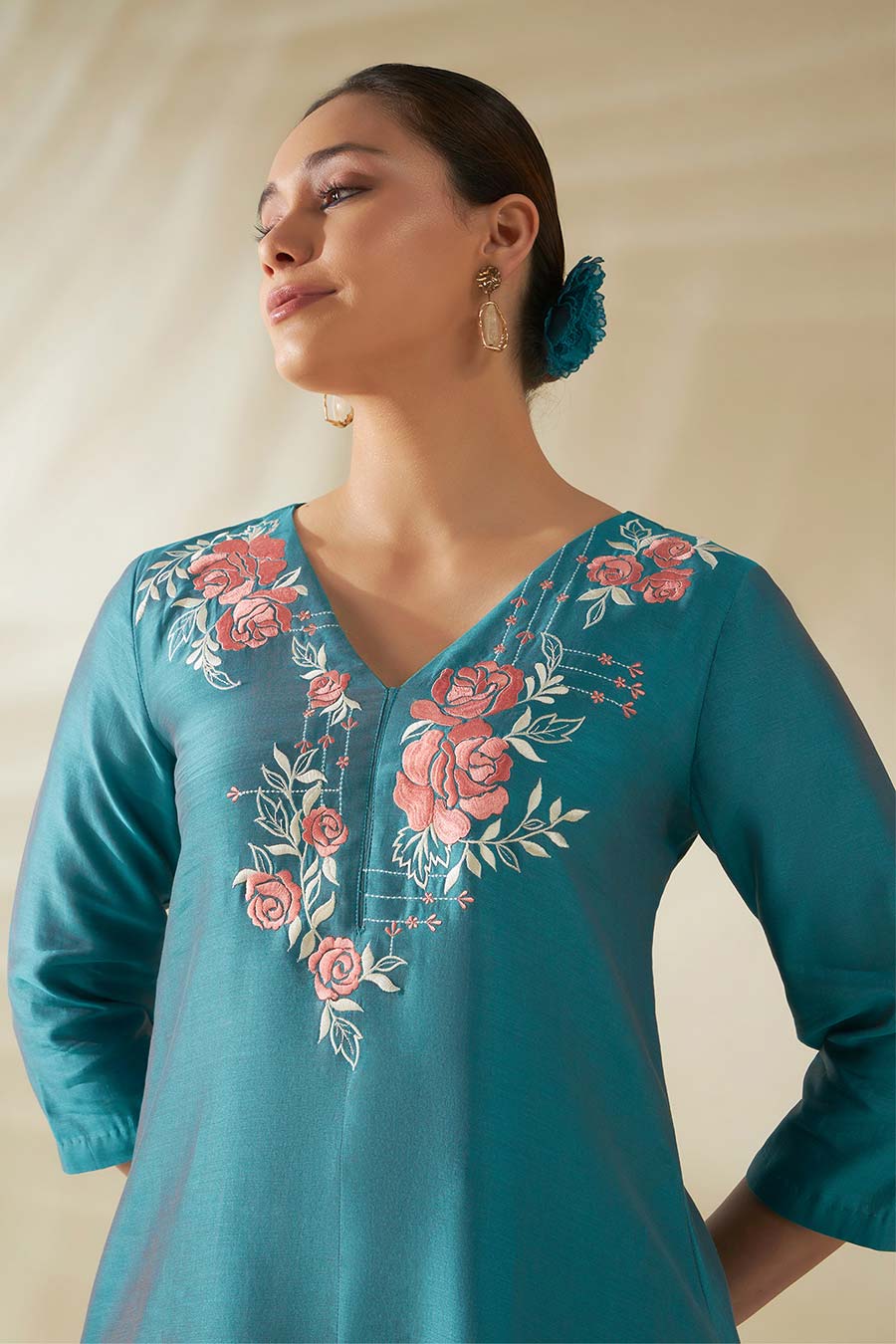 Aris Blue Chanderi Embroidered Kurta Set