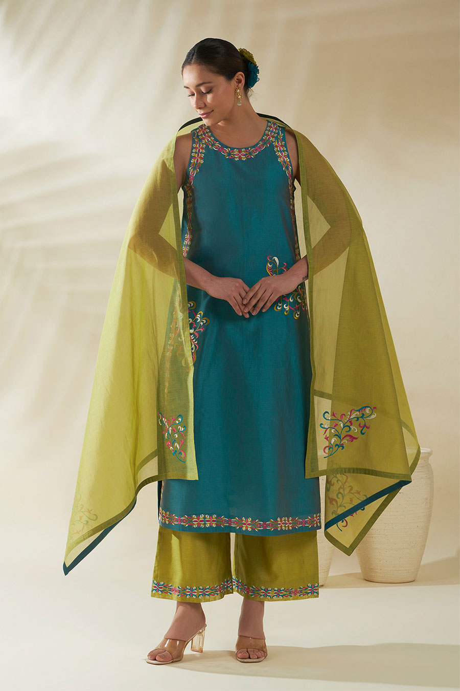 Green Elin Chanderi Embroidered Dupatta