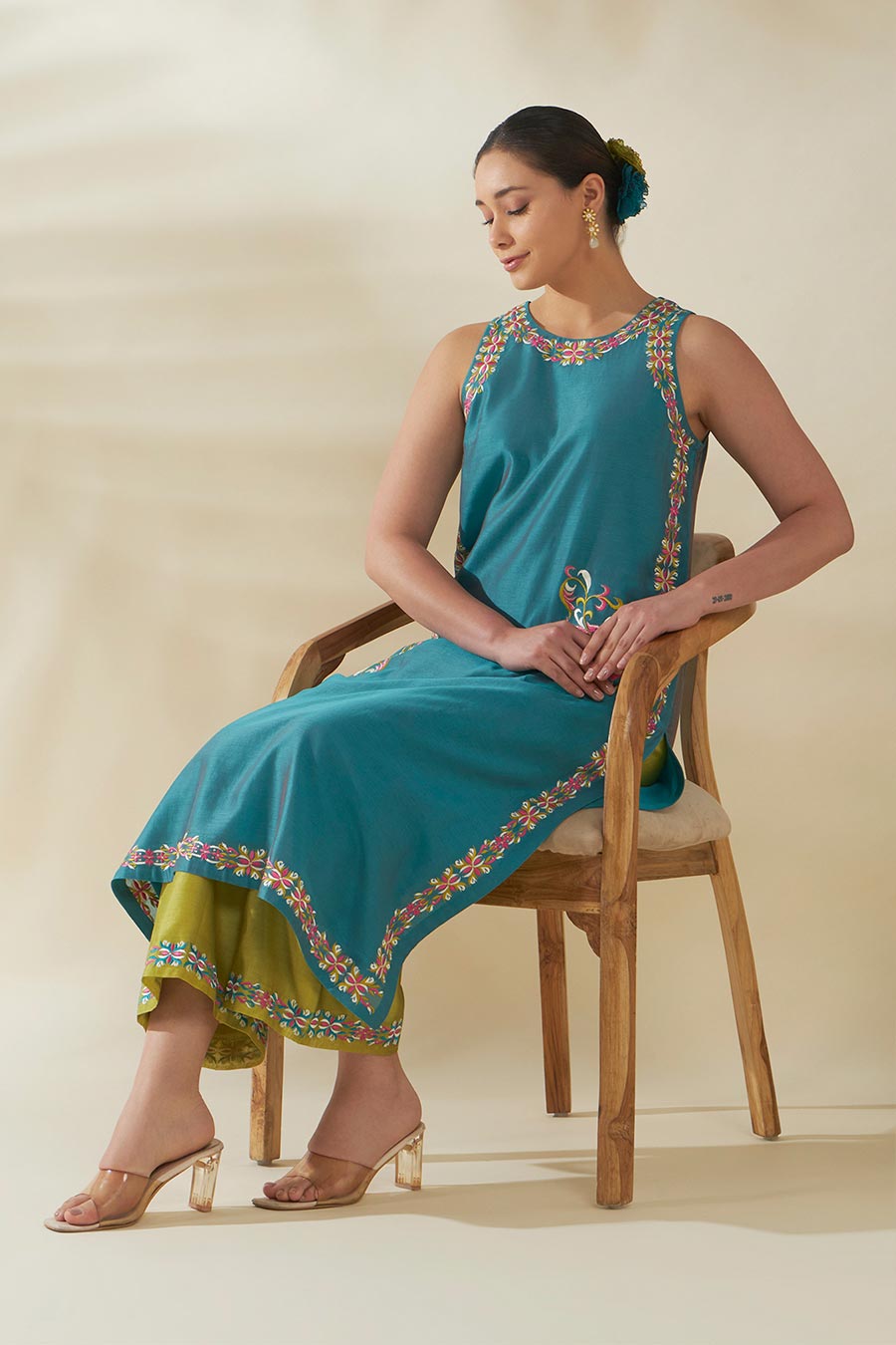 Elin Blue-Green Chanderi Embroidered Kurta Set
