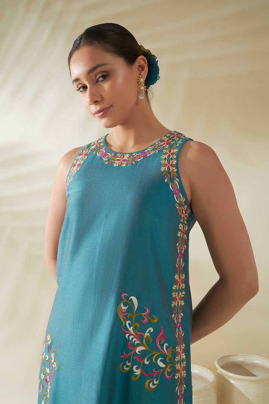 Elin Blue-Green Chanderi Embroidered Kurta Set