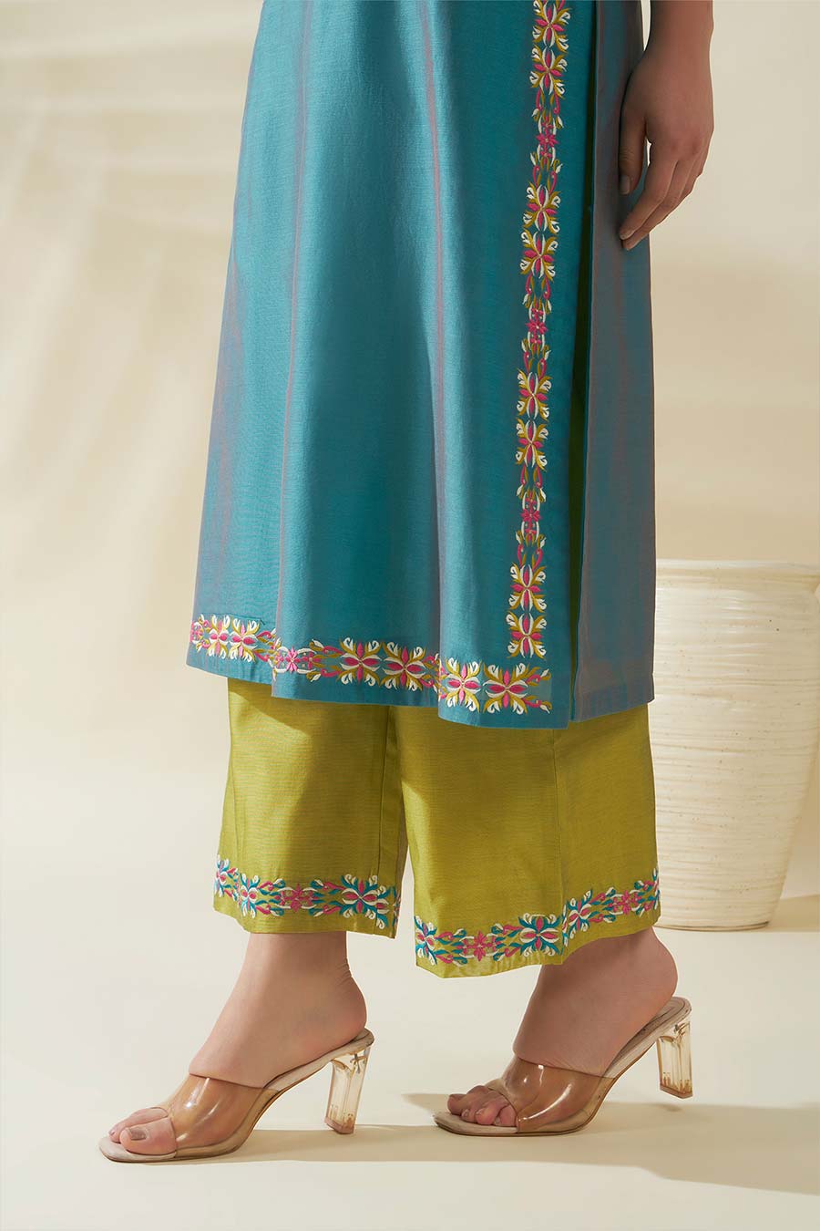Elin Blue-Green Chanderi Embroidered Kurta Set